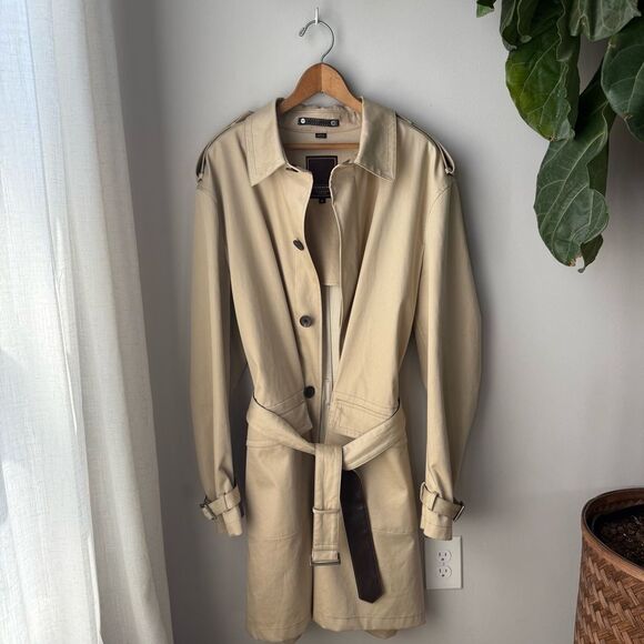 Coach 1941 Vintage Tan Single Breasted Belted Long Cotton + Leather Trench Coat - Picture 4 of 16
